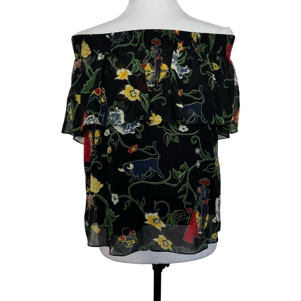 Tibi Top Silk Matador Floral Off The Shoulder Ruffle Blouse‎ Black Red Small